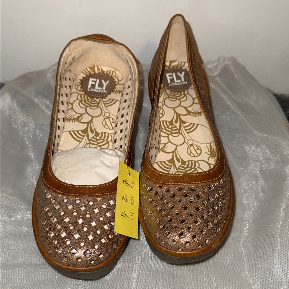Fly London Women's Tan Perforated Flats